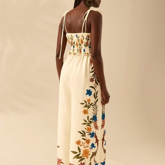 Multicolor Boho Women's Tropical Print Vacation Ruffle Wide Leg Jumpsuit - Picture 2 of 7